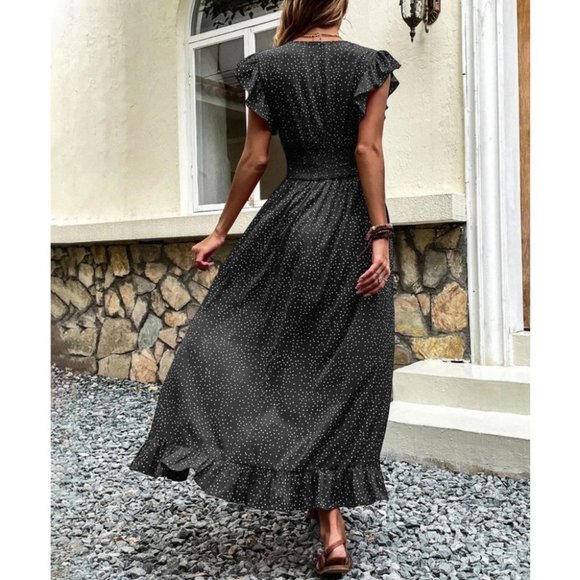 Black Polka Dot Print Butterfly Sleeve Shirred Ruffle Trimmed hem maxi Dress - Picture 3 of 6